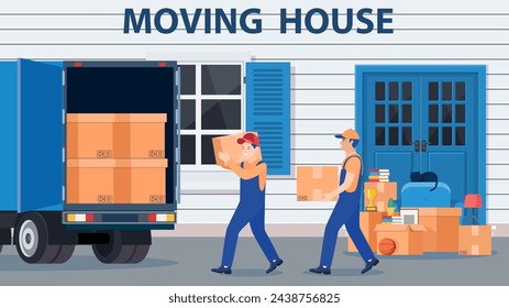 Moving to new house. Family relocated to new home. Male mover, paper cardboard boxes near house facade. Package for transportation. Delivery truck, household items. vector illustration in flat style