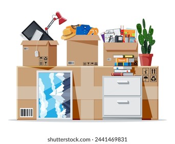 Moving to new house. Family relocated to new home. Paper cardboard boxes with various household thing. Package for transportation. Computer, lamp, clothes, books. Vector illustration in flat style