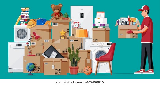 Mudarse a una casa nueva. La familia se mudó a su nuevo hogar. Male mover, cajas de cartón de papel con mercancías. Paquete para transporte. Electrónica, ropa, electrodomésticos, muebles. Ilustración vectorial plana