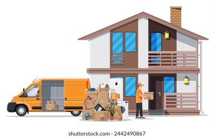 Moving to new house. Family relocated to new home. Male mover, paper cardboard boxes near house facade. Package for transportation. Computer, lamp, clothes, books. Vector illustration in flat style