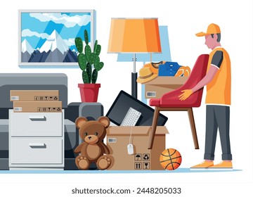 Moving to new house. Family relocated to new home. Sofa with paper cardboard boxes with various household items. Package for transportation. Computer, lamp. Vector illustration in flat style