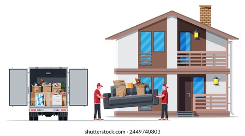 Mudarse a una casa nueva. La familia se mudó a su nuevo hogar. Male mover, cajas de cartón de papel cerca de la casa, camión de reparto. Paquete para transporte. Artículos domésticos y electrónicos. Ilustración vectorial plana