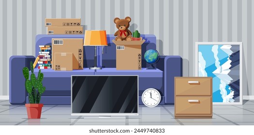 Moving to new house. Family relocated to new home. Sofa with paper cardboard boxes with various household items. Package for transportation. Home interior. Vector illustration in flat style