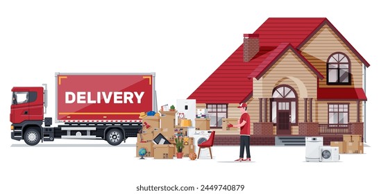 Moving to new house. Family relocated to new home. Male mover, paper cardboard boxes near house, delivery truck. Package for transportation. Household items and electronics. Flat vector illustration