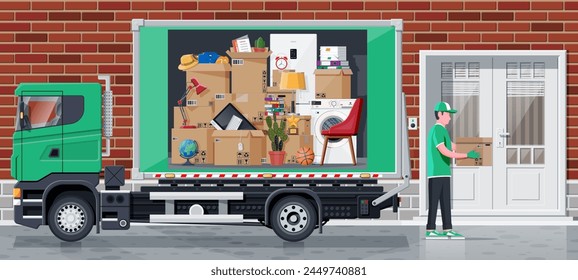 Moving to new house. Family relocated to new home. Male mover, paper cardboard boxes near house. Package for transportation. Delivery truck car, household items. Vector illustration in flat style