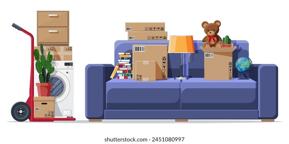 Moving to new house. Family relocated to new home. Sofa with paper cardboard boxes with various household items. Package for transportation. Barrow, lamp. Vector illustration in flat style