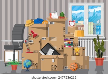 Mudarse a una casa nueva. La familia se mudó a su nuevo hogar. Cajas de cartón de papel con varias cosas del hogar. Paquete para transporte. Computadora, lámpara, ropa, libros. Ilustración vectorial en estilo plano