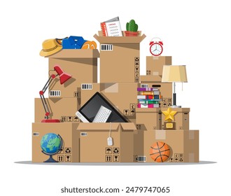 Mudarse a una casa nueva. La familia se mudó a su nuevo hogar. Cajas de cartón de papel con varias cosas del hogar. Paquete para transporte. Computadora, lámpara, ropa, libros. Ilustración vectorial en estilo plano