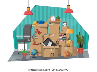 Mudarse a una casa nueva. La familia se mudó a su nuevo hogar. Cajas de cartón de papel con varias cosas del hogar. Paquete para transporte. Computadora, lámpara, ropa, libros. Ilustración vectorial en estilo plano