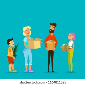 Moving to a new house. Father, mother, son and daughter are carrying things. Vector illustration.