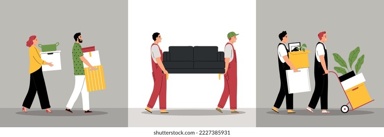 Trasladarse a un nuevo conjunto de viviendas llanas con propietarios y mudanzas que transportan muebles y cajas aisladas ilustraciones vectoriales