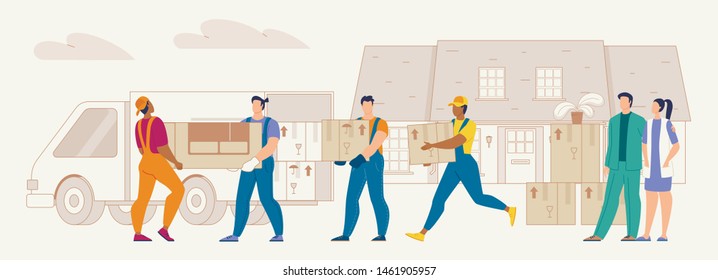 Moving to New House Flat Vector Concept with Real Estate Owners Couple Watching for Delivery Service Workers Loading, Unloading Furniture, Home Stuff and Cardboard Boxes to Cargo Truck Illustration