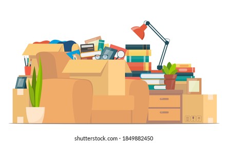 Moving to new house with home furniture, things and boxes, vector illustration. Concept of relocation, cargo and moving business.Colorful home items and transportation packages ready for moving, flat