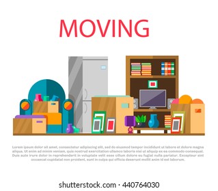 Moving to new house with home furniture, things and boxes, vector illustration. Concept of  relocation, cargo and moving business.Colorful home items and transportation packages ready for moving, flat