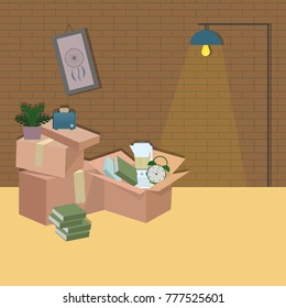 Moving to new house illustration. Vector cardboards and some home things