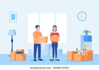 Moving to new house. Man and woman hold boxes in the living room. Home renovation, repair, buying or selling apartment. Vector illustration in flat style