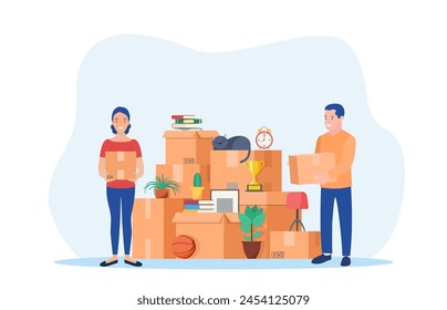 Moving to new house. Man and woman hold boxes. Home renovation, repair, buying or selling apartment. Vector illustration in flat style