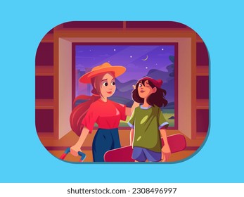 Moving to a new house. mother and son are carrying things. Vector illustration in cartoon style