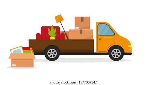 Moving in new house or office. Delivery van with armchair and boxes for moving. Vector illustration.