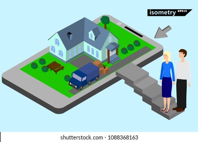 Moving to a new house and ordering delivery of things to move online. isometry vector