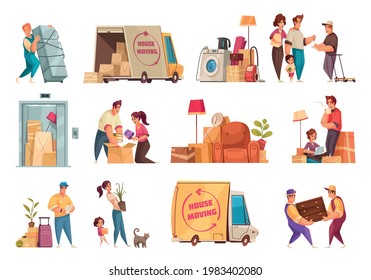 Moving new house packing family belongings carrying plant relocation service furniture transportation truck cartoon set vector illustration