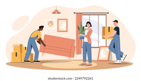 Mudándose a una casa nueva. Pluma y mujeres con muebles y cajas. Viajes, cambio de apartamento o casa. Señora con los cargadores, cliente. Afiche o cartel para el sitio web. Dibujo vectorial plano de dibujos animados