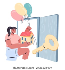 Moving to a new house or purchasing a property banner or poster template, flat vector illustration isolated on white. Relocation or home buying concept for real estate or moving services.
