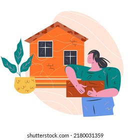 Moving to a new house and relocation with cartoon woman carrying packed goods in boxes, flat vector illustration isolated on white background. Cargo delivery and real estate services.