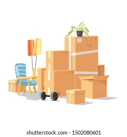 Moving to new house, room, apartment with home furniture, things in cardboard boxes, plant, barbell, armchair, floor lamps. Transport or removal company services. Cartoon vector illustration on white.