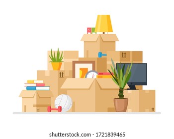 Moving to new house vector illustration. Cartoon flat pile of cardboard boxes with household things, clothes, ball, books packed in containers and ready to move into home apartment isolated on white