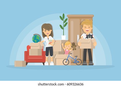 Moving to new house. young family relocation vector illustration