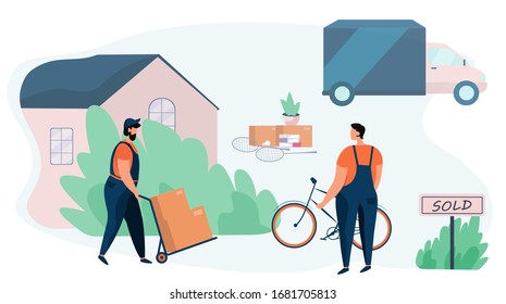 Mover nueva casa.Entregar servicio móvil.Se vende una casa grande.Venta de propiedades.Proceso de reubicación.Mover coche en segundo plano.Servicio para el transporte de cosas y cajas de cartón.Ilustración de vectores planos 