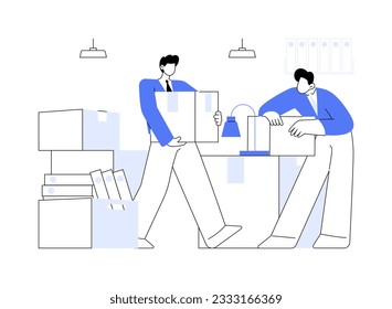 Moving in a new office abstract concept vector illustration. Group of people with boxes settling in a new office, corporate business, relocation and unpacking process abstract metaphor.