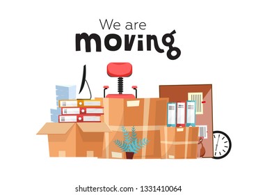 Moving To New Office With Boxes. Office Accessories In Cardboard Box Isolated On White Background. Flat Cartoon Vector