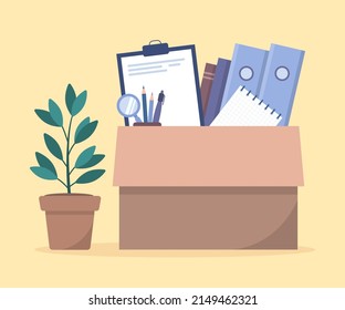 Moving new office concept, flat style. Office accessories in a cardboard box and a houseplant. Folders, notebooks, books, and stationery. Vector illustration on white background.