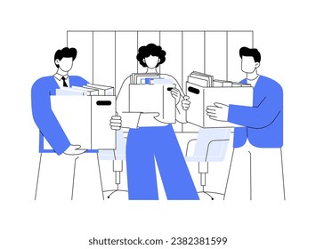 Moving to a new office isolated cartoon vector illustrations. Group of colleagues hold boxes, arrival in new office, moving process, changing business location, entrepreneur vector cartoon.