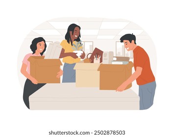 Moving to a new office isolated cartoon vector illustrations. Group of colleagues hold boxes, arrival in new office, moving process, changing business location, entrepreneur vector cartoon.