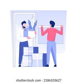 Moving in a new office isolated concept vector illustration. Group of people with boxes settling in a new office, corporate business, relocation and unpacking process vector concept.