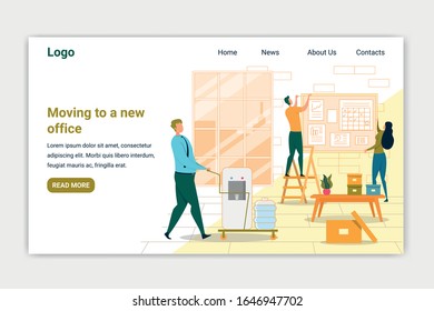 Moving to New Office Landing Page Vector Template. Estate Agency Website Page Concept with Cartoon Characters. Property Rent for Business Purposes Web Banner, Webpage Layout with Text Space