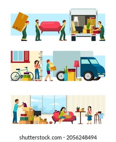Moving To New Place Residence Set. Family Arranges Things In Their New Apartment Movers Carry Sofa To Truck Man Carries Large Cardboard Box To Property For Shipping. Vector Furniture Cartoon.