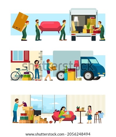 Moving to new place residence set. Family arranges things in their new apartment movers carry sofa to truck man carries large cardboard box to property for shipping. Vector furniture cartoon.