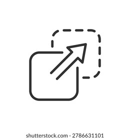 Moving object, linear icon. Object relocation and position transfer. Line with editable stroke