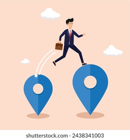 moving from old business location to new, business relocation, businessman jumping from one pin to another which symbolizes moving job or business location, vector illustration