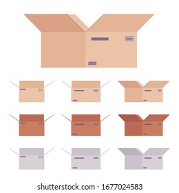 Moving open boxes cardboard set for packing household items, office books, kitchenware, clothes, appliances, parcel transportation. Vector flat style cartoon illustration, different colors and view