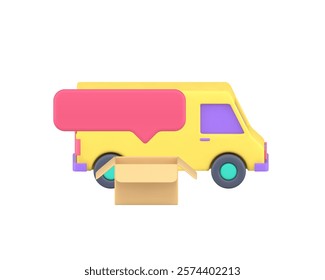 Moving order delivery transportation advertising mockup 3d icon realistic vector illustration. Express shipping logistic distribution postal parcel service van with box and speech bubble