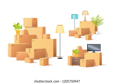 Moving in or out carton boxes furniture vector. Containers with personal belongings, lamp and plants in pots. Tv screen monitor and chest of drawers