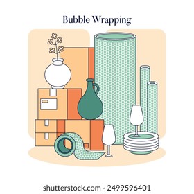 Moving Out concept. Careful packing of delicate items with bubble wrap for safe transportation. Cardboard boxes, glassware, and fragile ornaments. Vector illustration.
