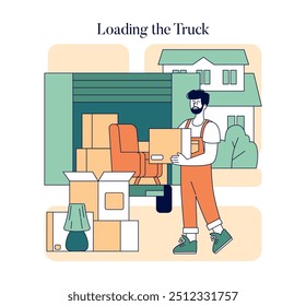 Moving Out concept. Man loading boxes into truck with household items outside a home. Transition, relocation and new beginnings. Vector illustration.