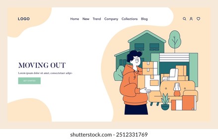 Moving Out concept. A person with packed boxes ready to leave a cozy home, signaling a new beginning. Transition, relocation, and change. Vector illustration.