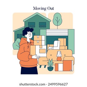 Moving Out concept. A person stands by packed items and furniture, indicating a house relocation. A seamless transition to a new beginning. Vector illustration.